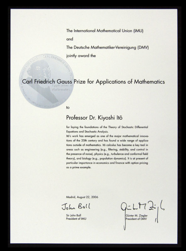 [112] Gauss Prize Award Certificate (2006)